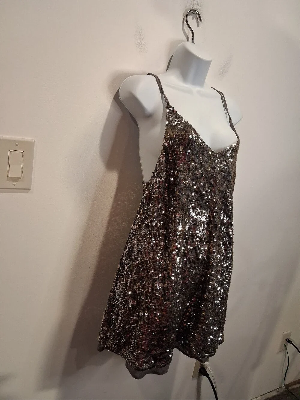 Free People Size Xs Silver Sequins Mini Slip Dress